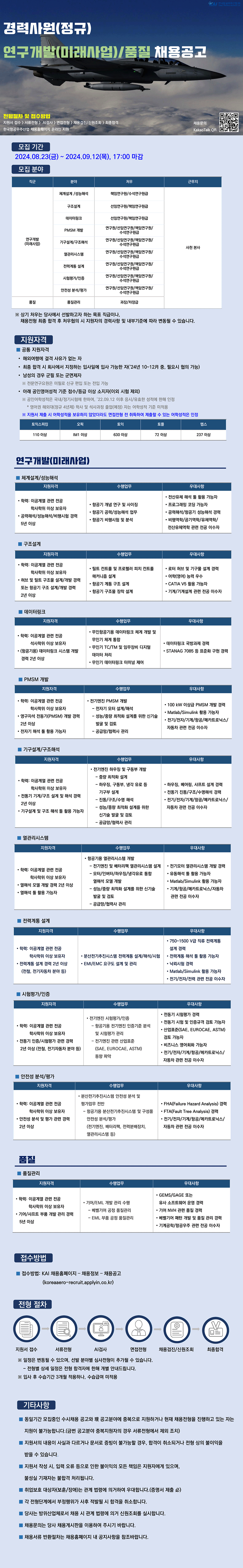 [한국항공우주산업] 2024년 하반기 연구개발/품질 경력사원(정규) 채용