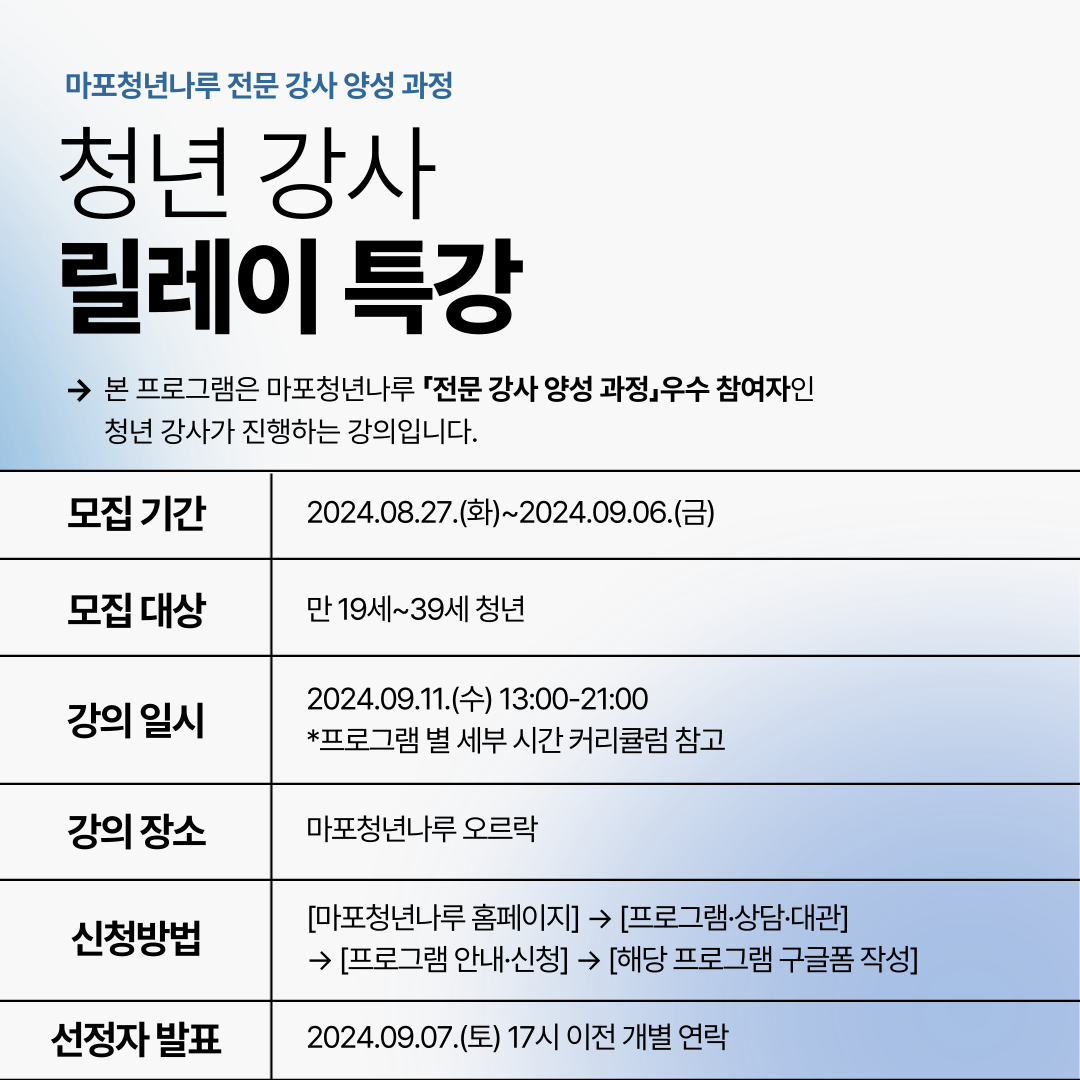 [마포청년나루] 청년 강사 릴레이 특강 참여자 모집(~9/6)