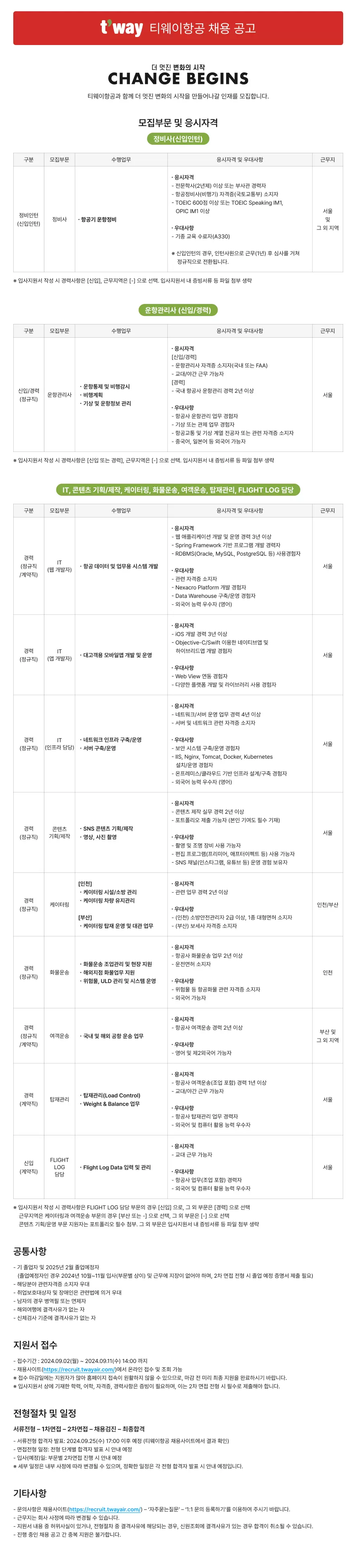 [티웨이항공] 2024 하반기 각 부문별 일반직 인턴/신입/경력 채용(~09.11 14:00)