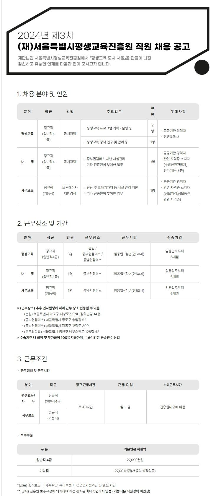 [서울특별시평생교육진흥원] [채용] 2024년 제3차 신규직원 채용