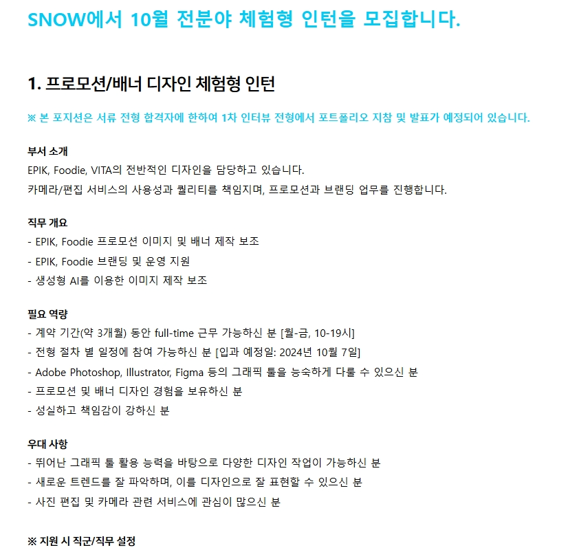 [SNOW] 24년 10월 전분야 체험형 인턴(~09.09)