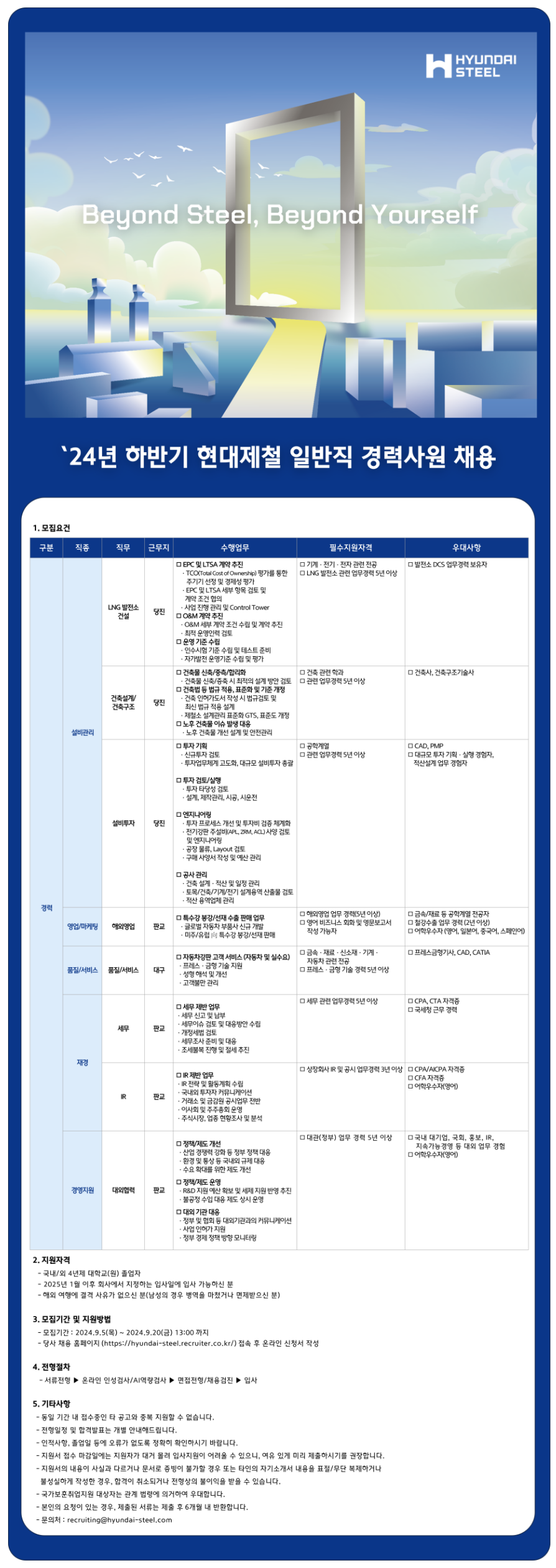 [현대제철] 2024년 하반기 일반직 신입 및 경력 채용(~9/20)