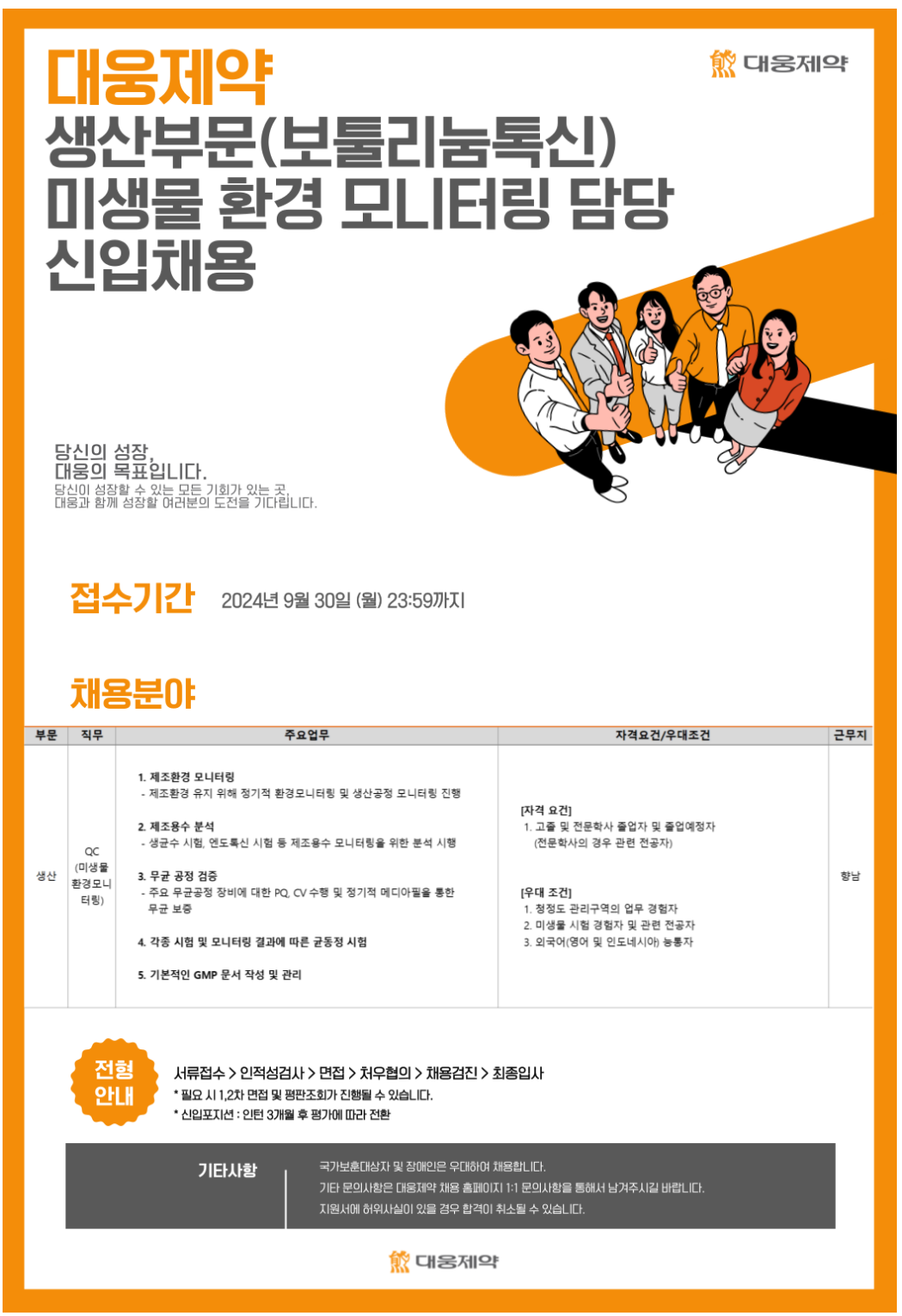 [대웅제약] 2024년 생산부문 QC 신입 채용(~9/30)