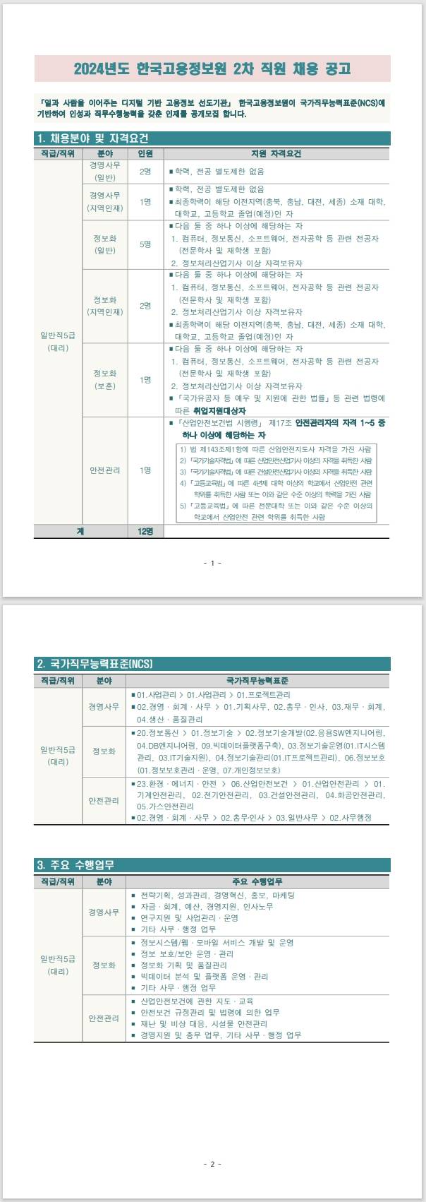 [한국고용정보원] 2024년도 2차 직원 채용