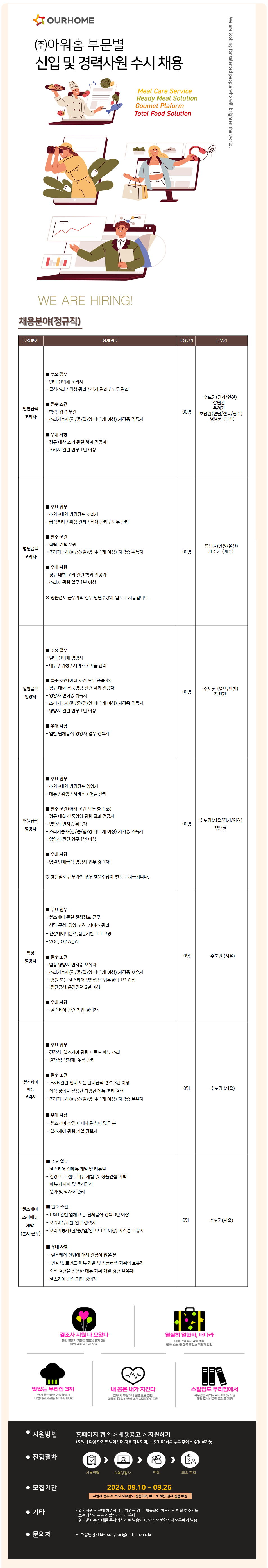 [아워홈] 2024년 부문별 신입 및 경력사원 수시 채용 ( ~9/25)