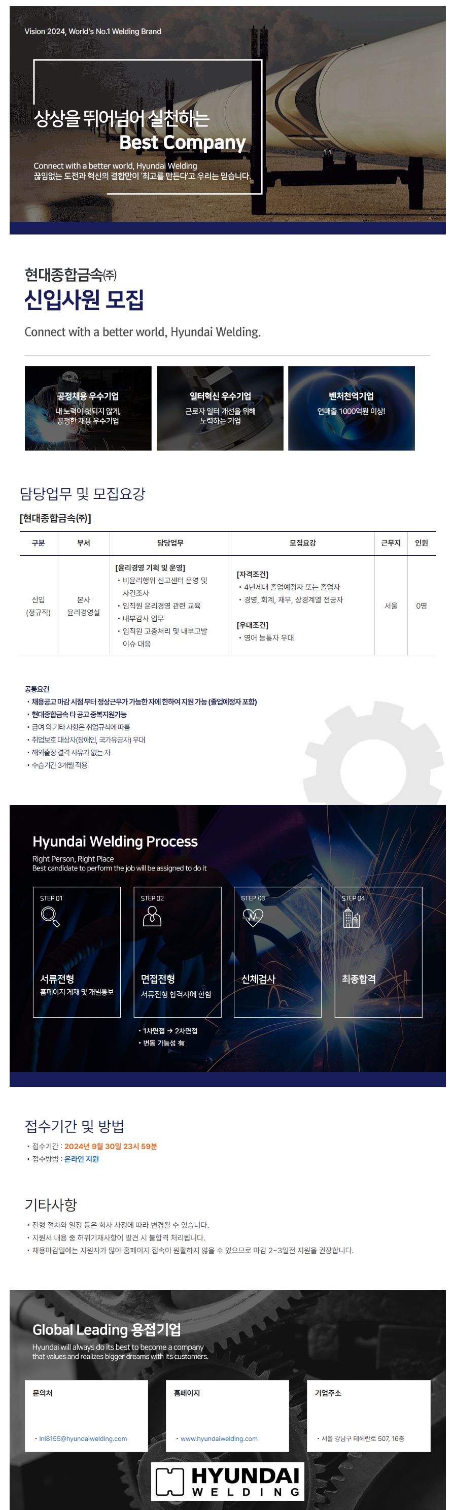 [현대종합금속] 2024년 본사 윤리경영실 신입사원 채용(~9/30)