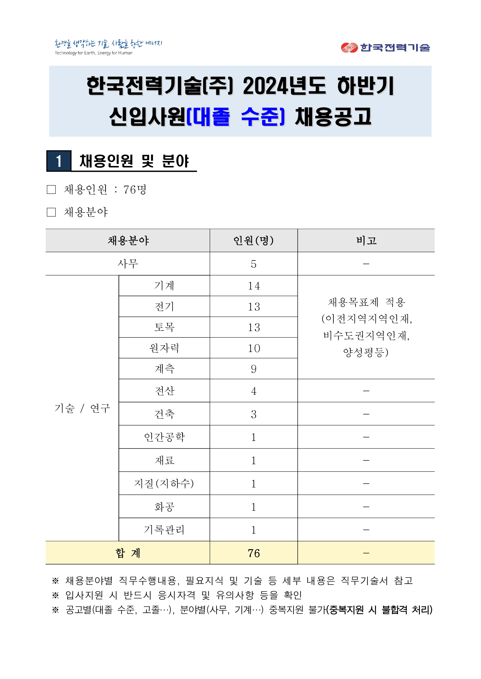 [한국전력기술] 2024년 하반기 신입사원 (대졸 수준) 채용(~10/08)