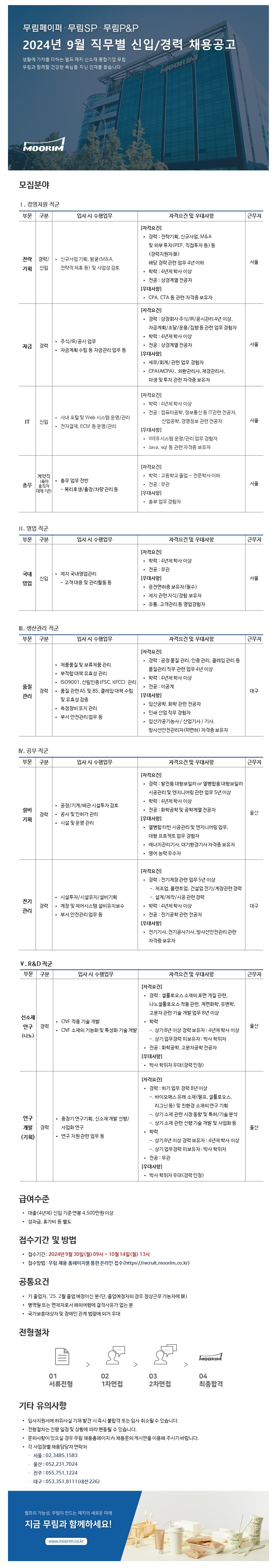 [무림피앤피] 2024년 9월 직무별 신입 및 경력 채용 (~10/14)