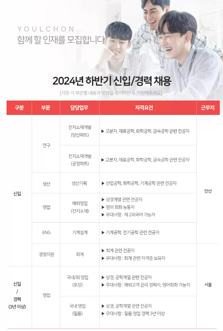 [율촌화학] 2024 하반기 부문별 신입/경력 채용