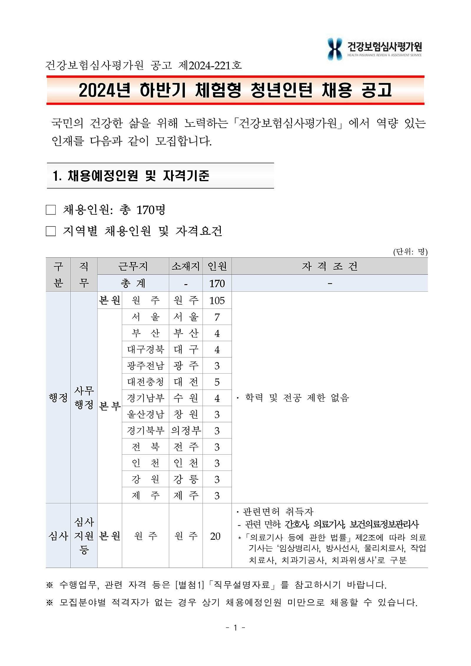 [건강보험심사평가원] 2024년 하반기 체험형 인턴 채용