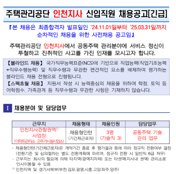 [주택관리공단] 인천지사 채용형 인턴(기술직) 채용 (~10/18)