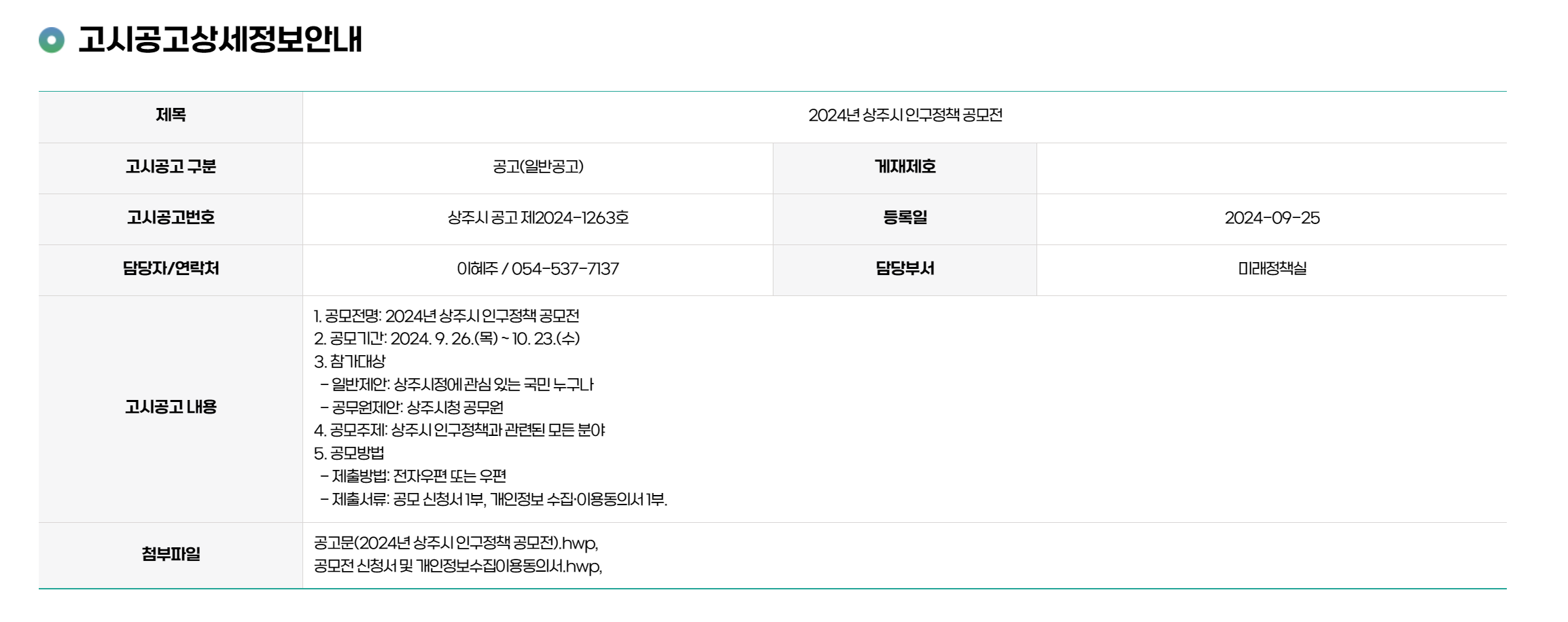 2024년 상주시 인구정책 공모전