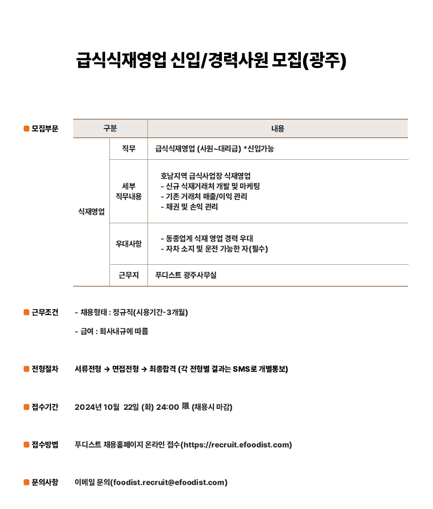 [푸디스트] 급식식재영업 신입/경력사원 모집 (~10/22)