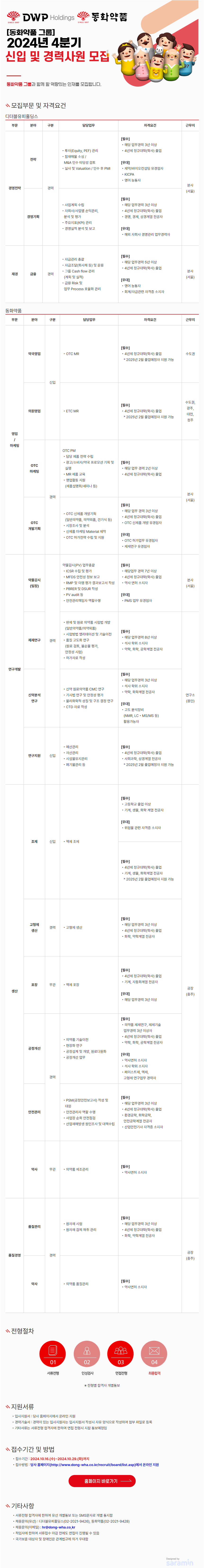 [디더블유피홀딩스] [동화약품 그룹] 2024년 4분기 경력사원 모집 (~10/29)