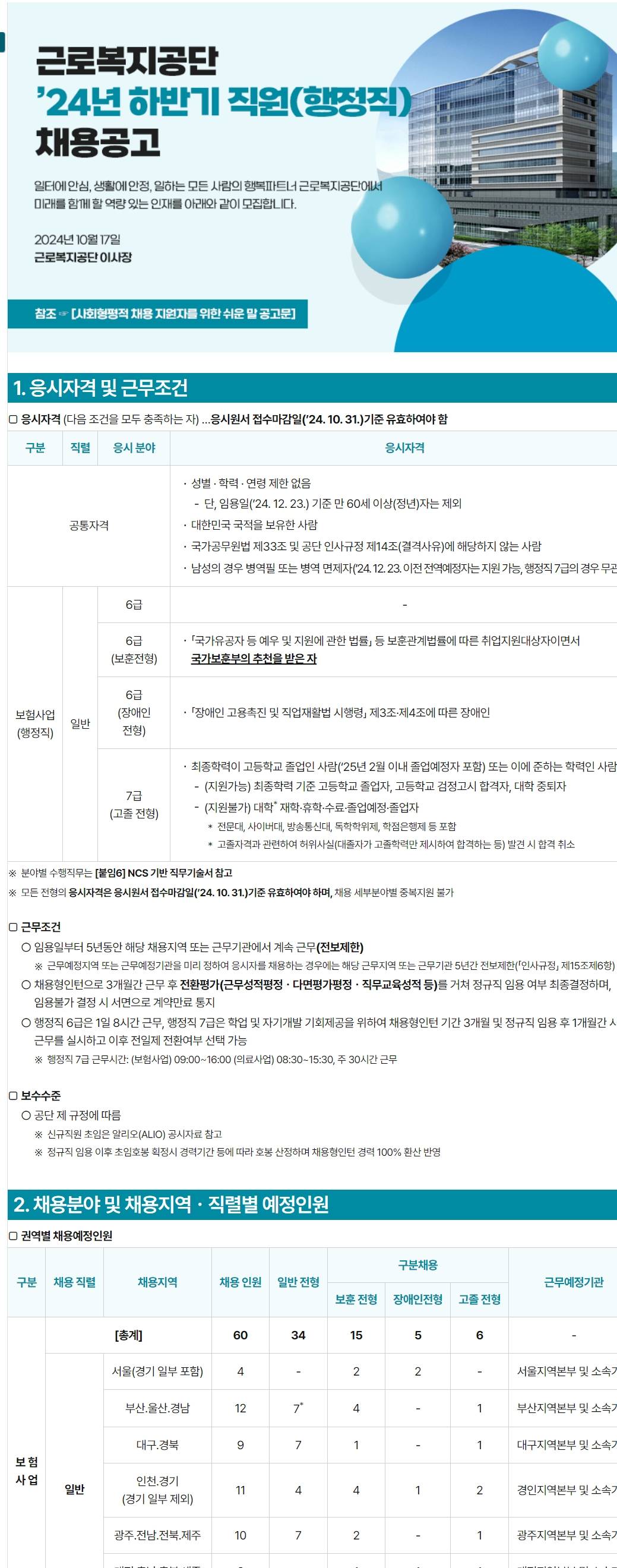 [근로복지공단] 2024년 하반기 직원(행정직) 채용 공고 (~10/31 18시)