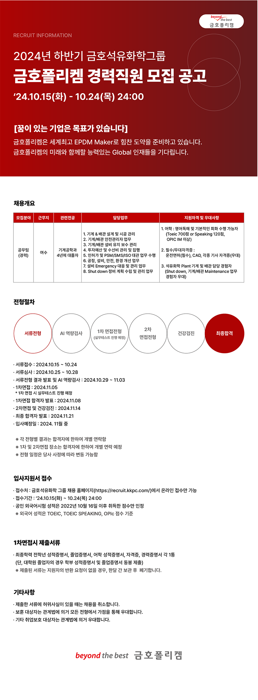 [금호폴리켐] 2024년 경력직원 모집 공고 (공무팀/경력) (~10/24)