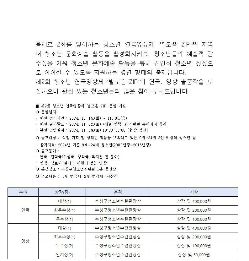 제2회 청소년 연극영상제 '별모음 ZIP' 출품작 모집