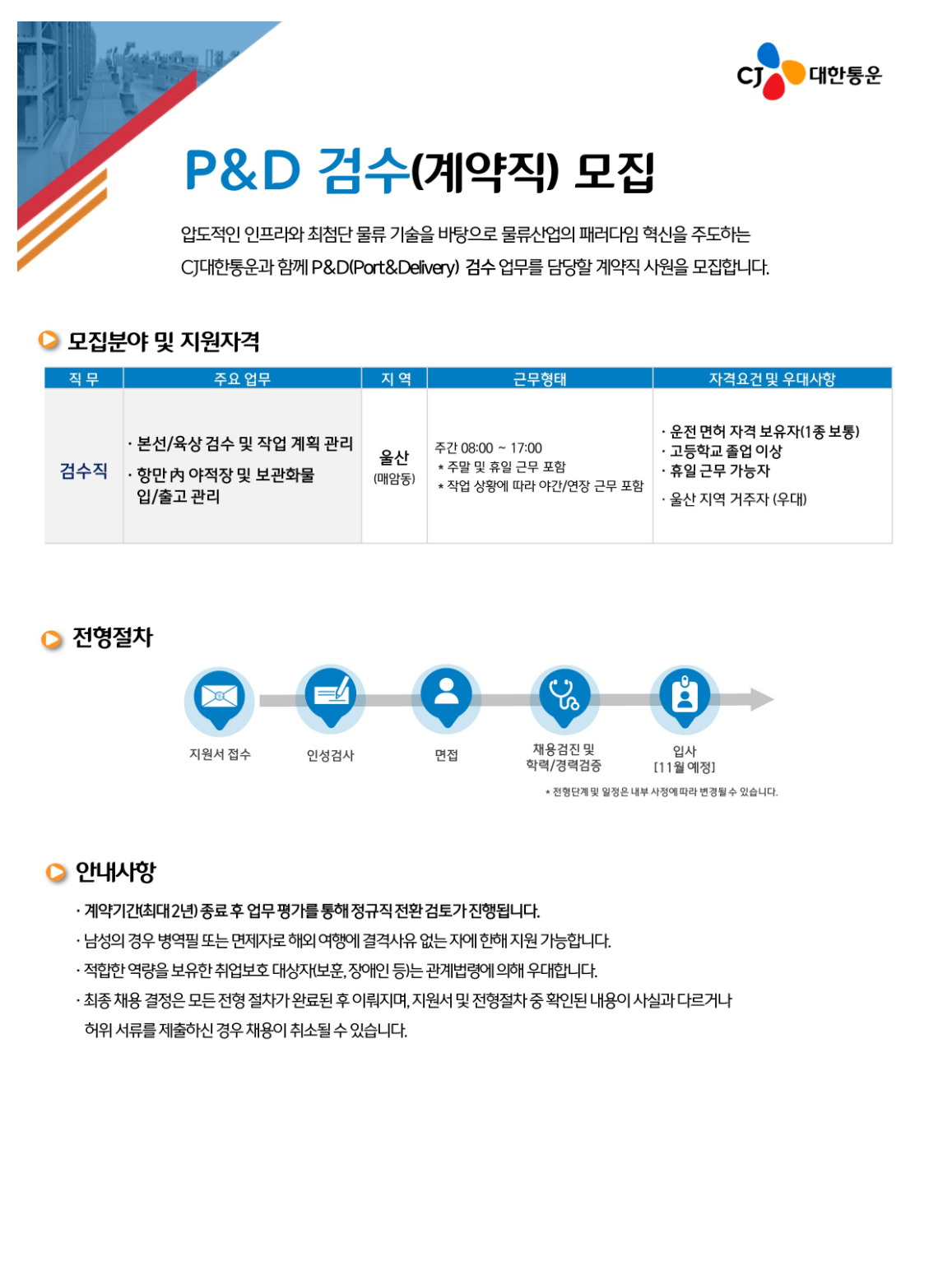[CJ대한통운] P&D 검수직 모집 (계약직, 울산)