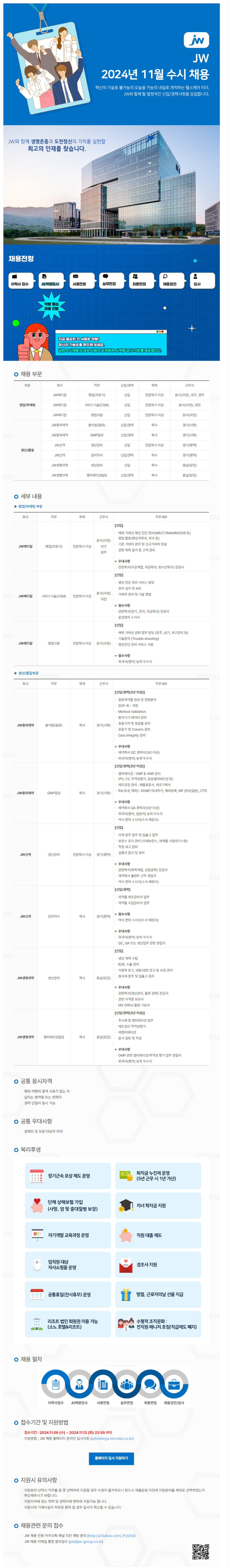 [JW메디칼] 2024년 11월 각 부문별 신입 및 경력 수시채용 (~11/12)