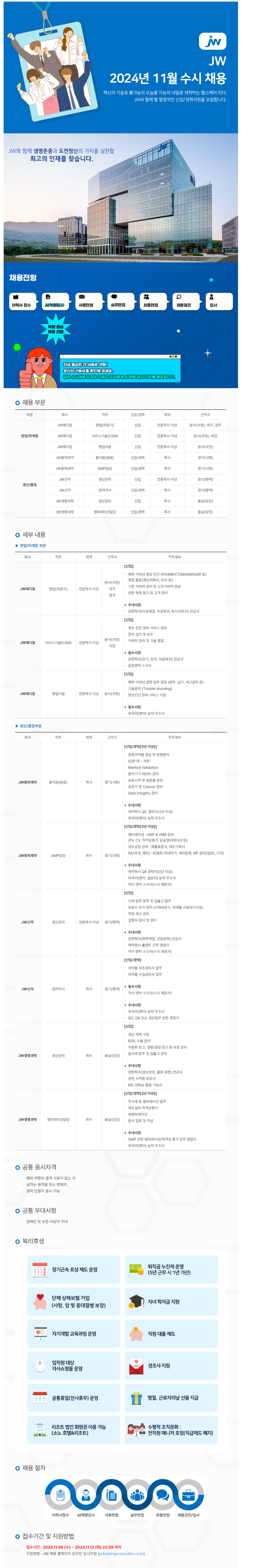 [JW중외제약] 2024년 11월 각 부문별 신입 및 경력 수시채용 (~11/12)