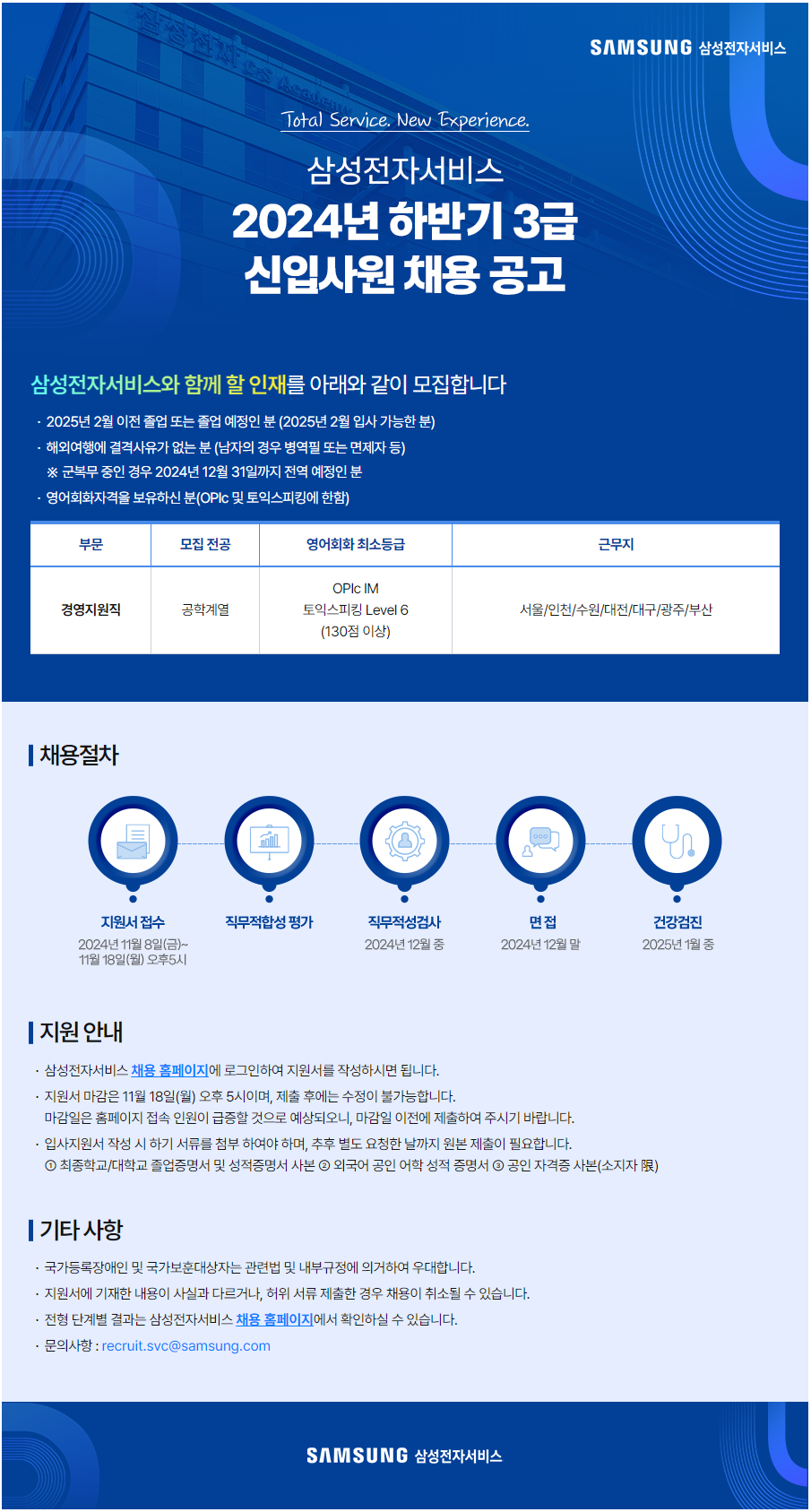 [삼성전자서비스] 2024년 하반기 3급 신입사원 채용 공고