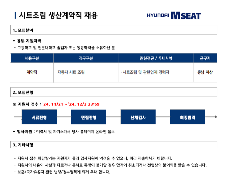 [현대엠시트] 24년 아산공장 생산계약직 채용 (~12/3)