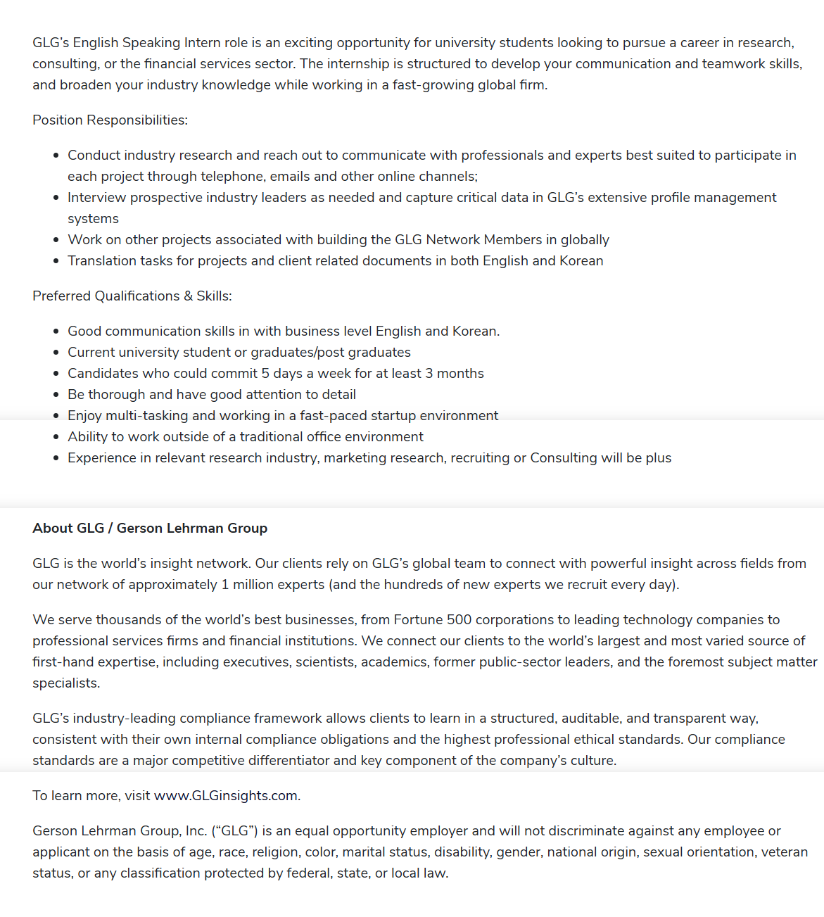 [GLG Korea] Platform Operation English Speaking Intern