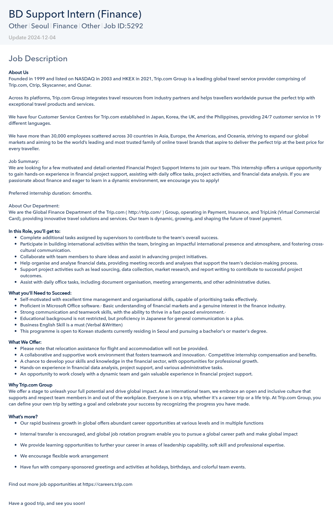 [트립닷컴] BD Support Intern (Finance)