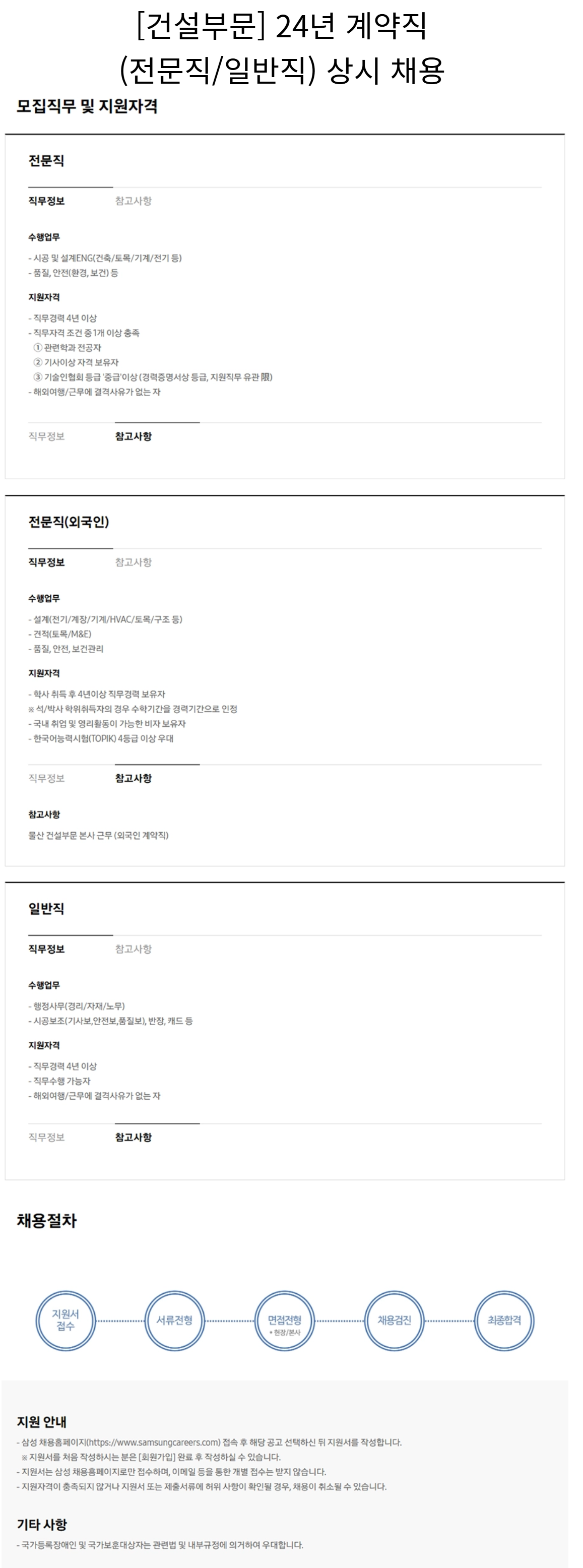 [삼성물산] [건설부문] 24년 계약직(전문직/일반직) 상시 채용