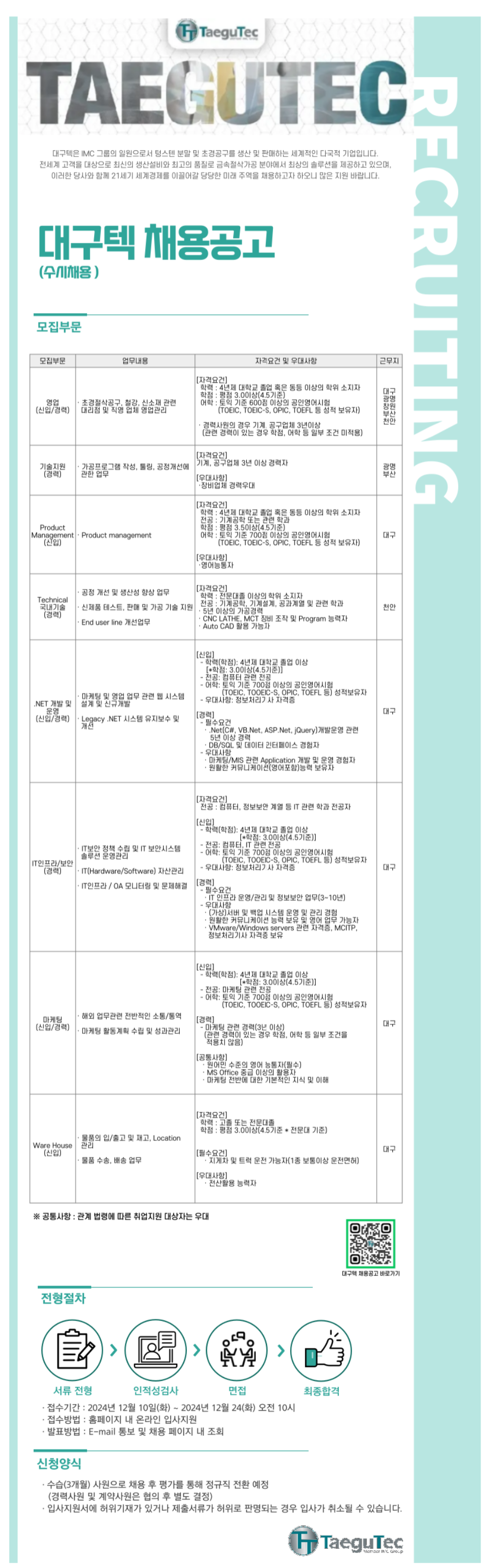 [대구텍] 각 부문별 신입 및 경력 수시채용 (~12/24)