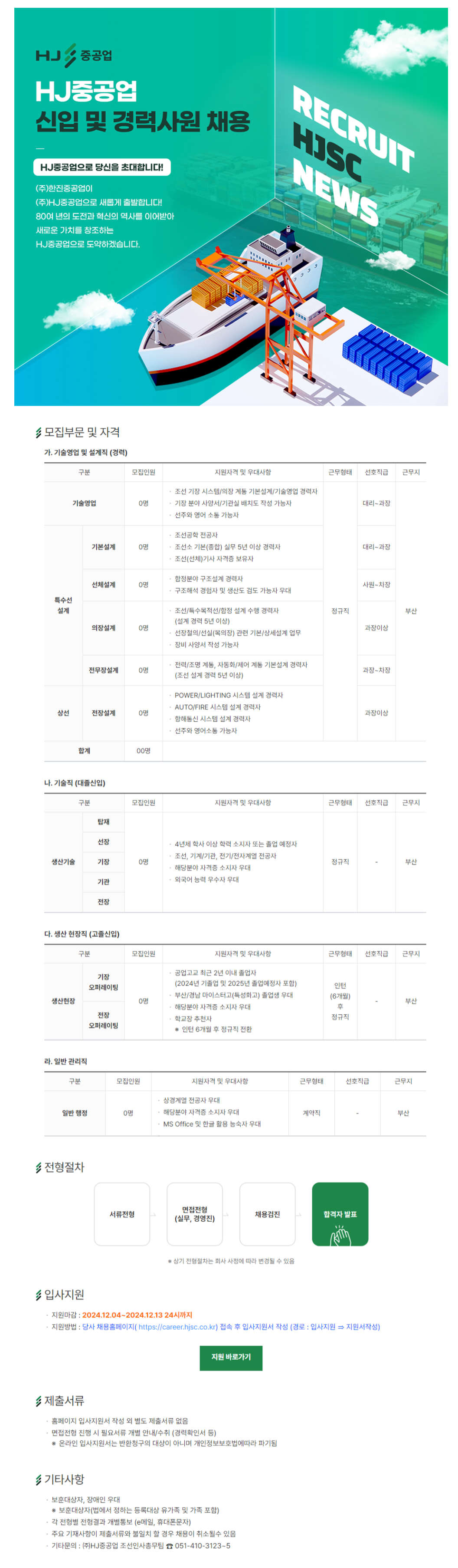 [HJ중공업] 2024년 하반기 각 부문 신입 및 경력사원 채용 (~12/13)