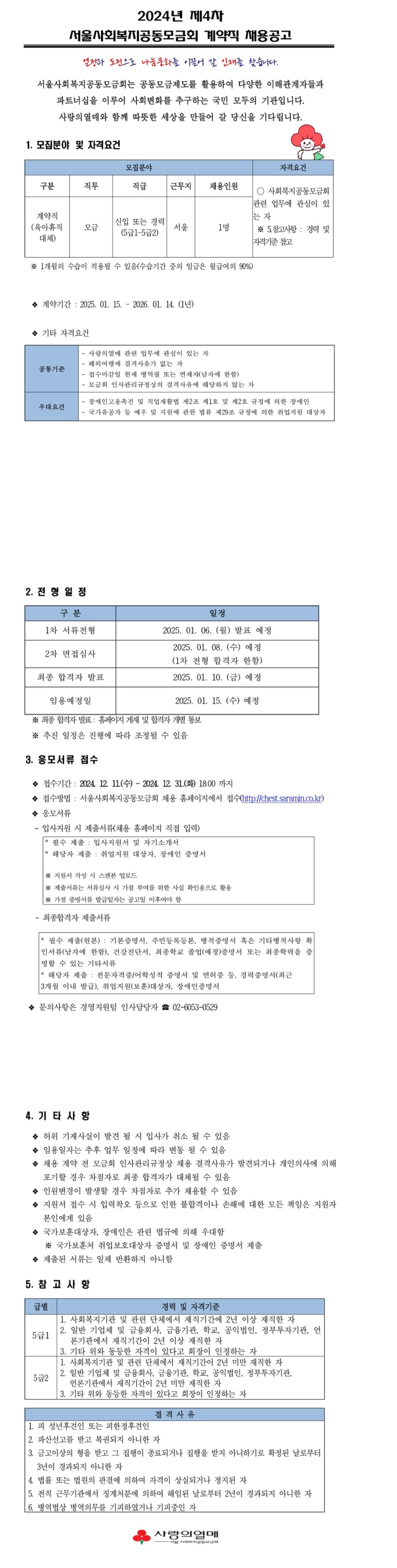 [사회복지공동모금회] 2024년 제4차 서울사회복지공동모금회 계약직 채용