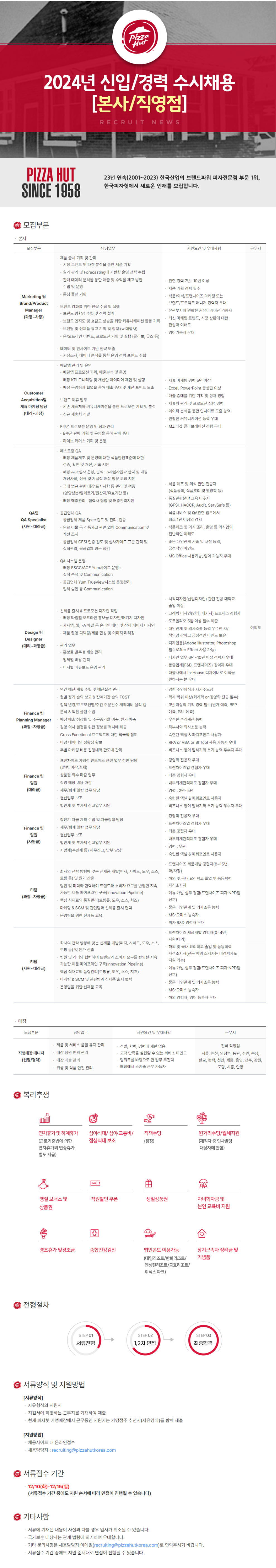 [한국피자헛] 2024년 본사 / 직영점 신입 및 경력 수시채용 (~12/15)