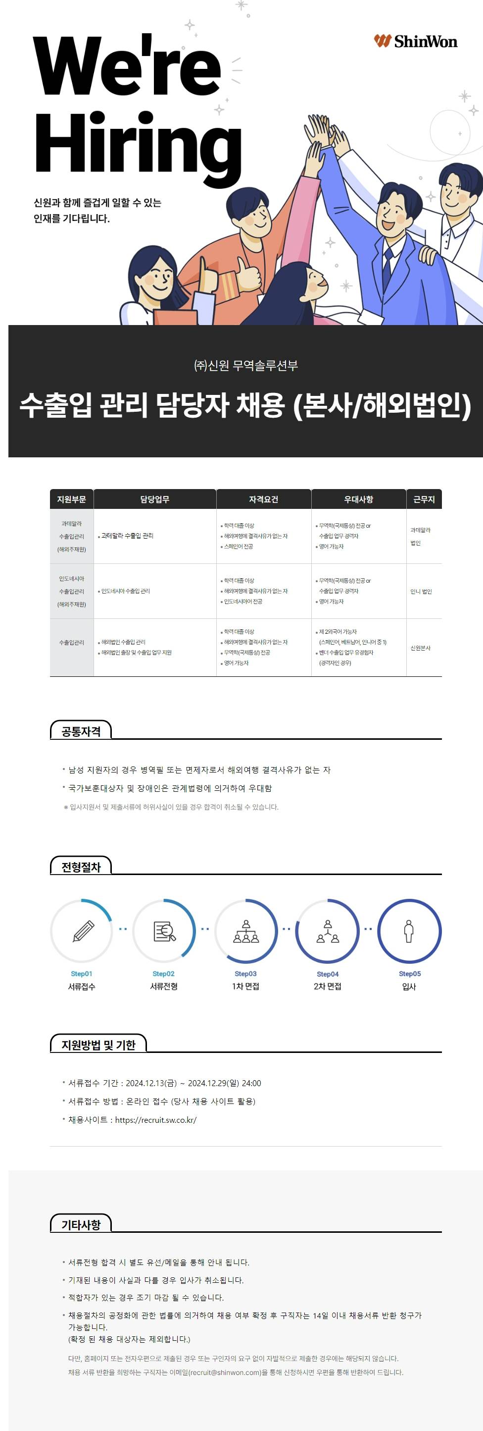 [신원] [수출부문] 수출입 관리 담당자 채용 (본사/해외법인)