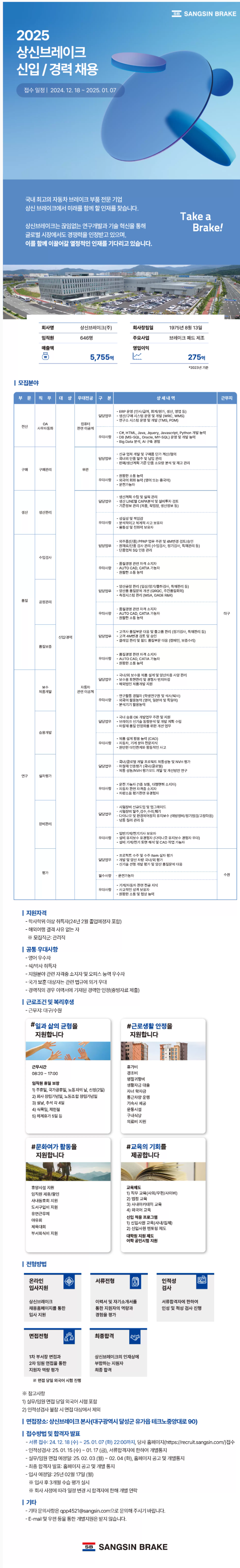 [상신브레이크] 2025 신입/경력 채용 (~25/01/07 22시)