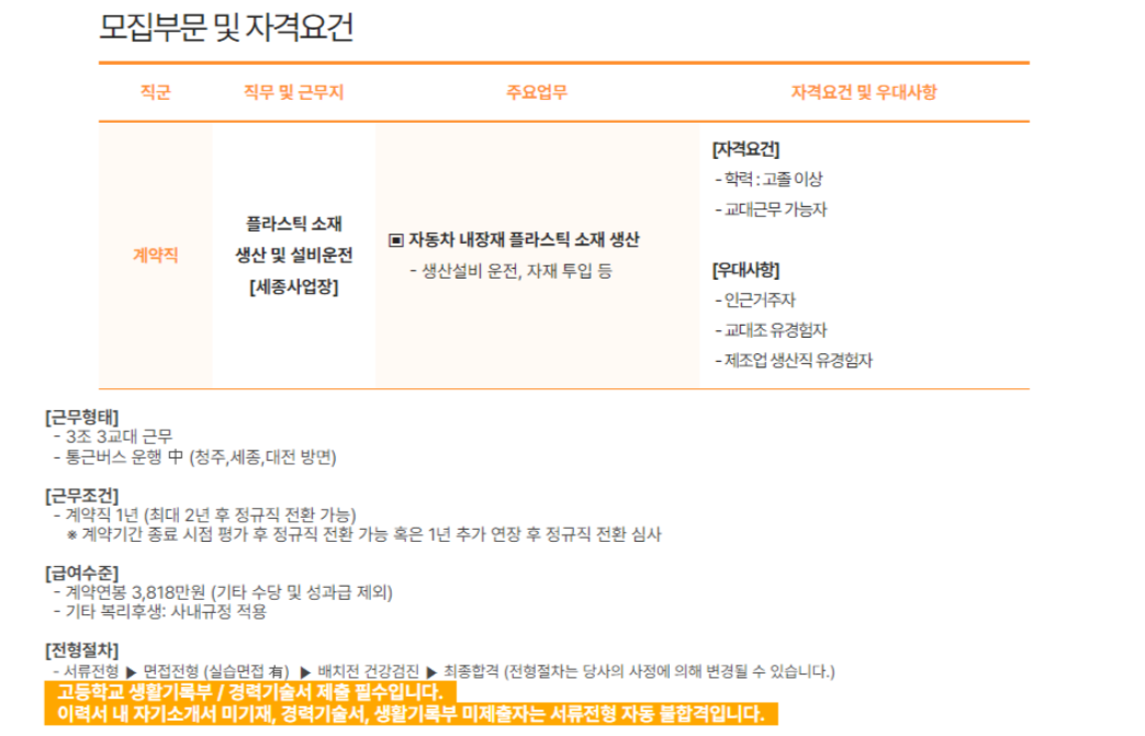 [한화첨단소재] 세종사업장 자동차 부품 생산직 신입 및 경력 채용 (~01/10)