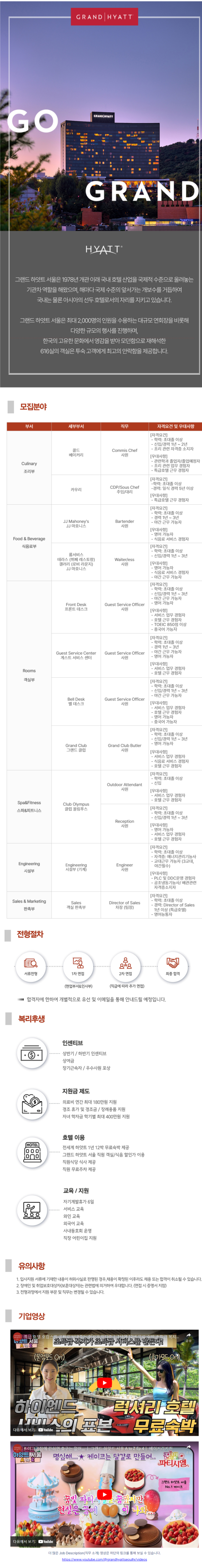 [그랜드 하얏트 서울] 호텔 부문별 신입 및 경력 채용 (~01/18)