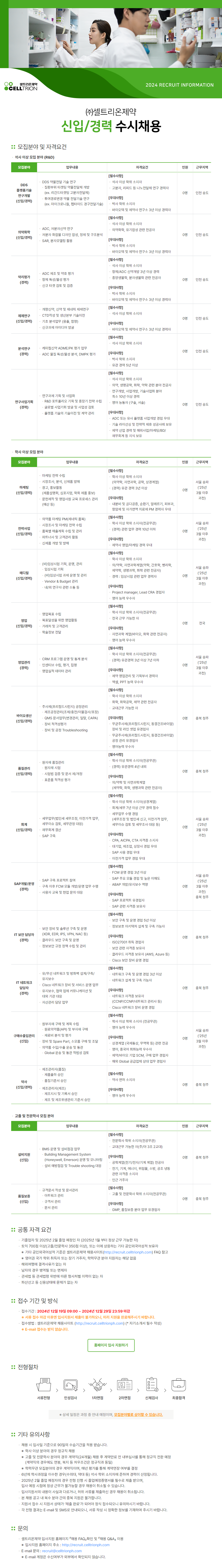 [셀트리온제약]  각 분야별 신입 및 경력 수시채용 (~12/29)