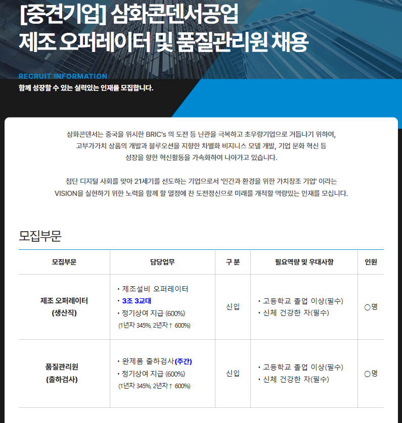 [삼화콘덴서공업] 제조 오퍼레이터 및 품질관리원 채용 (상시 모집)