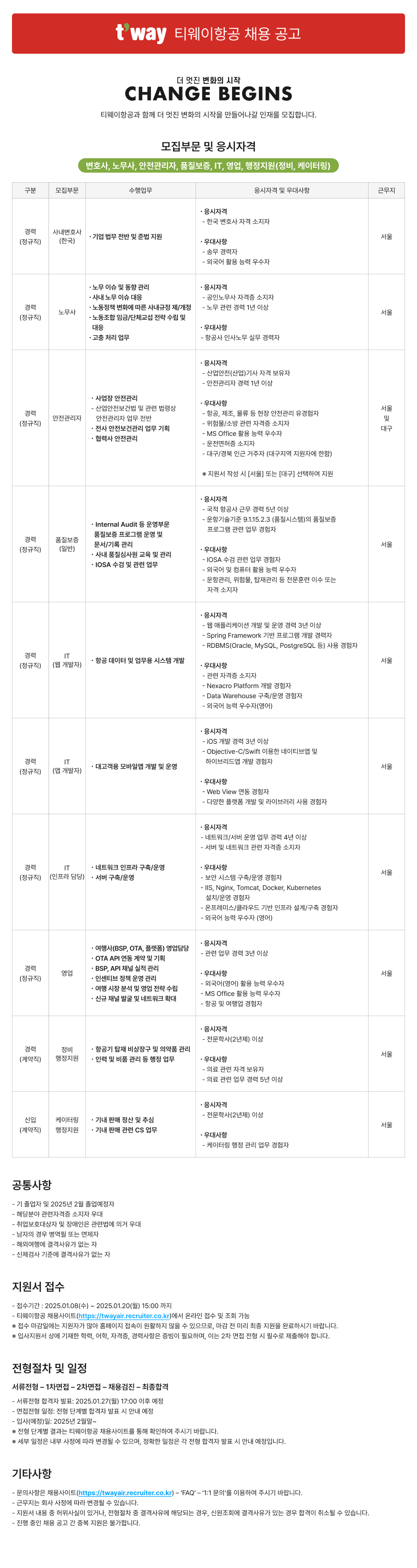 [티웨이항공] 부문별 일반직(경력/신입) (~01/20 15시)