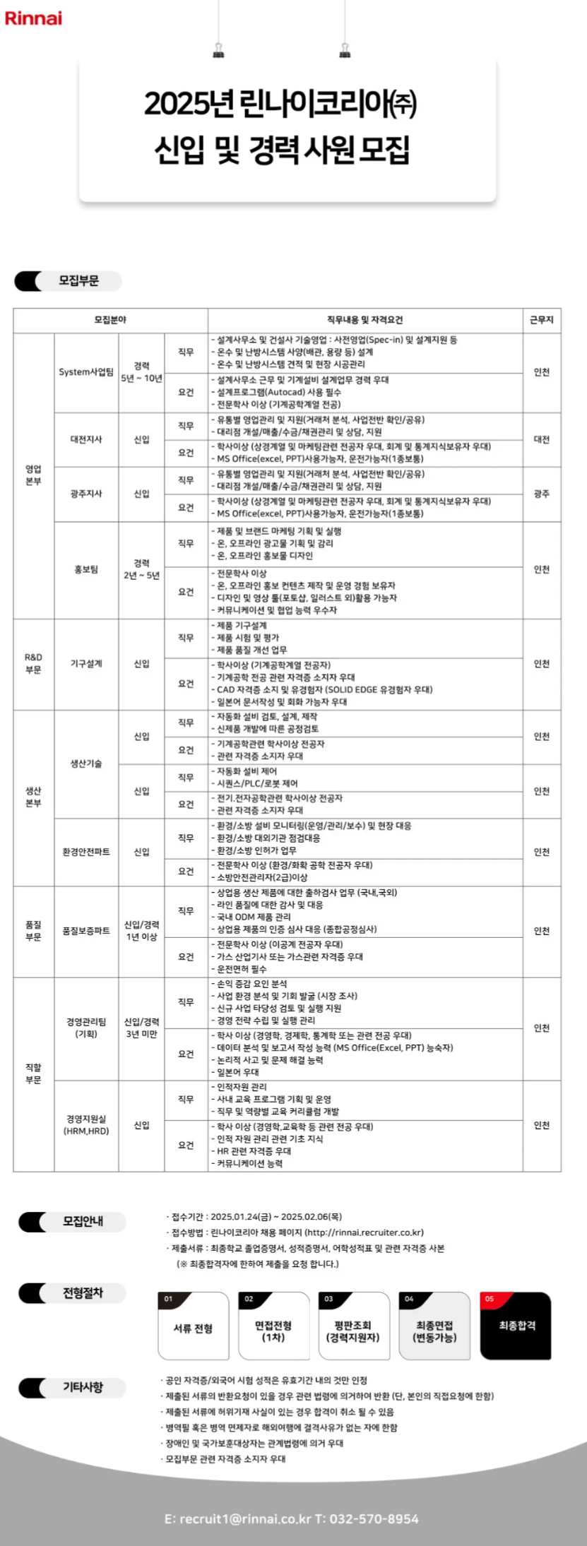 [린나이코리아] 2025년 신입 및 경력사원 채용(~02/06)
