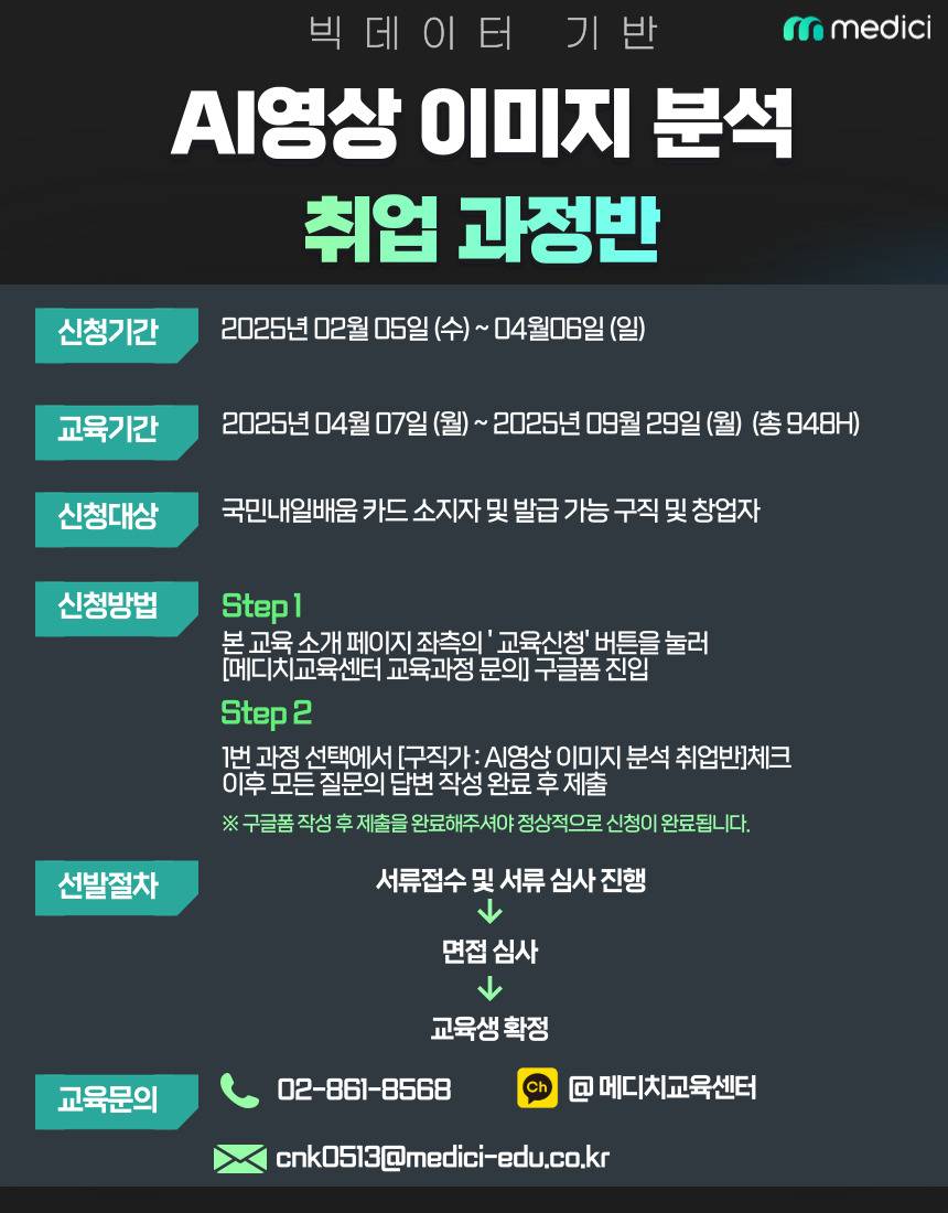 [메디치교육센터]컴퓨터비전(CV) AI영상이미지분석 무료취업교육