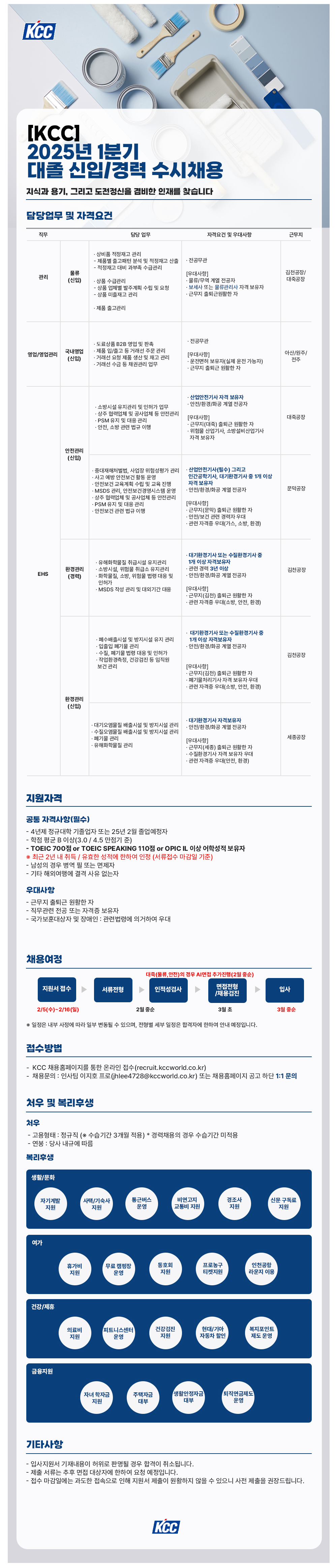 [KCC] 2025년 1분기 대졸 신입 및 경력 수시채용 (~02/16)