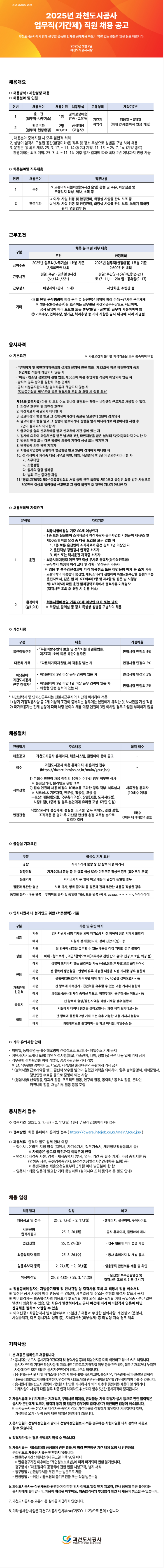 [과천도시공사] 2025년 업무직(기간제) 직원 채용 (~02/17 18시)