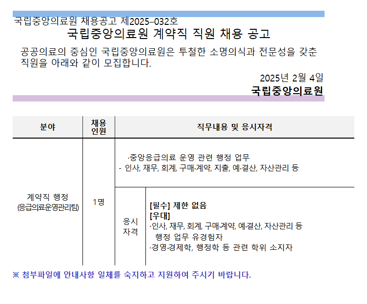 [국립중앙의료원] 계약직 행정(응급의료운영관리팀) 채용 (~02/19)