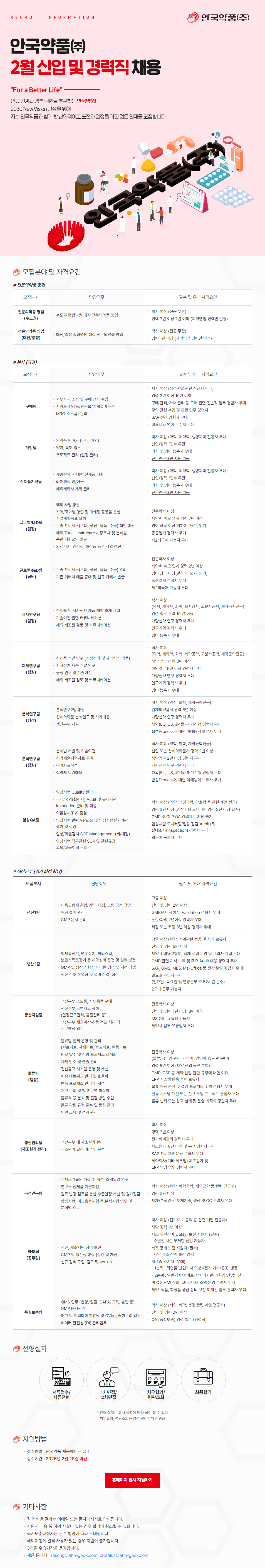 [안국약품] 2025년 2월 각 분야별 신입 및 경력 채용 (~02/28)