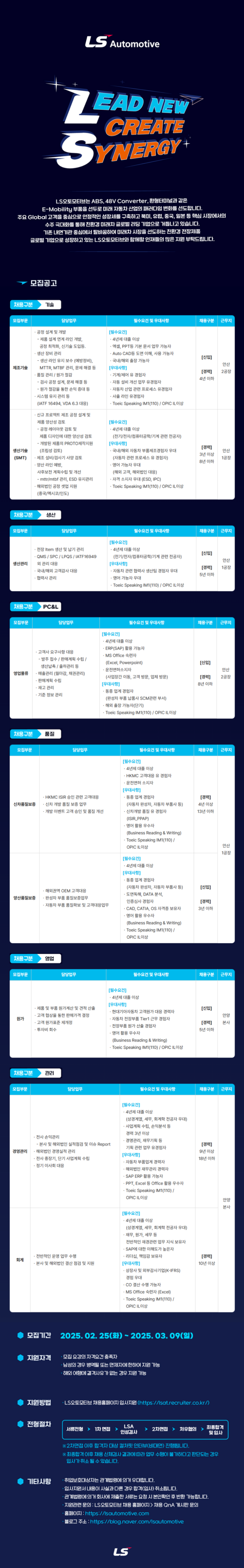 [LS오토모티브]  2025년 2월 각 부문별 신입 및 경력 수시채용 (~03/09)