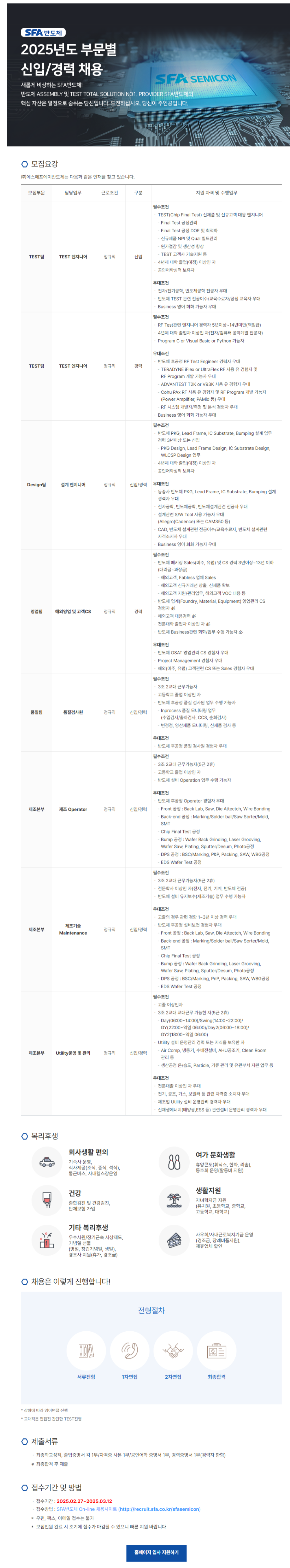 [SFA반도체] 2025년도 부문별 신입 및 경력 채용 (~03/12)