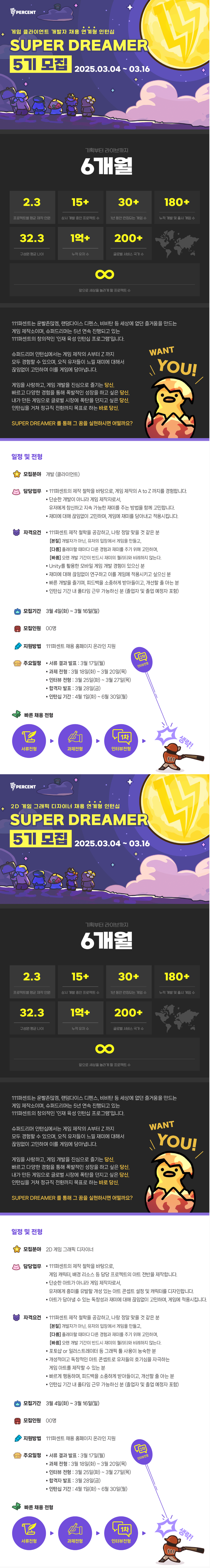 [111퍼센트] [슈퍼드리머 5기] 게임 개발자, 디자이너 채용 연계형 인턴 모집