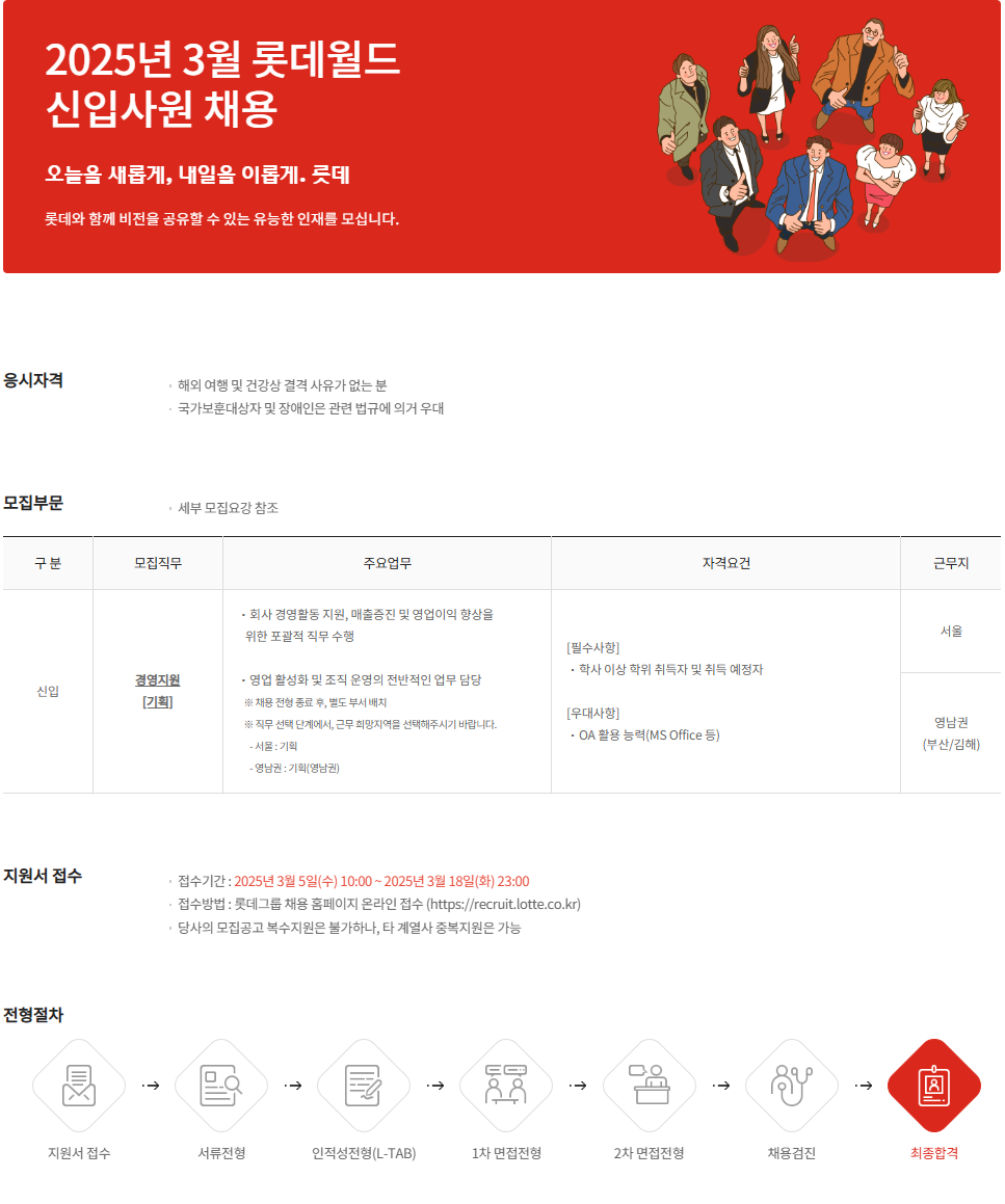 [롯데월드] 2025년 3월 롯데월드 A Grade 신입사원 채용